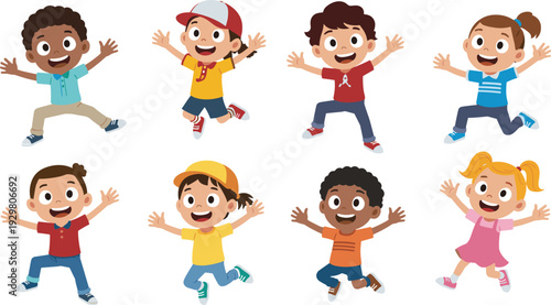 Group of happy diverse children jumping and playing Keywords: children, kids, jumping, playing