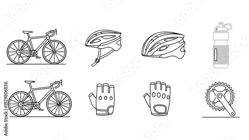 Line art illustration of various cycling accessories and gear on a white background.