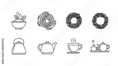 Line art illustrations of various tea related items and donuts on a white background.