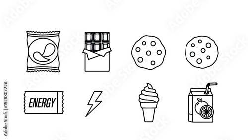A flat lay illustration of various food and energy icons, including snacks and drinks, on a clean white background with a simple line art style.