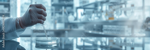 Close-up of a lab technician's gloved hands holding a pipette during a laboratory experiment