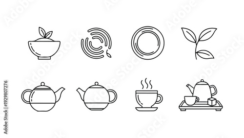 Line art illustrations of various tea related items including teapots, cups, and leaves on a plain white background.