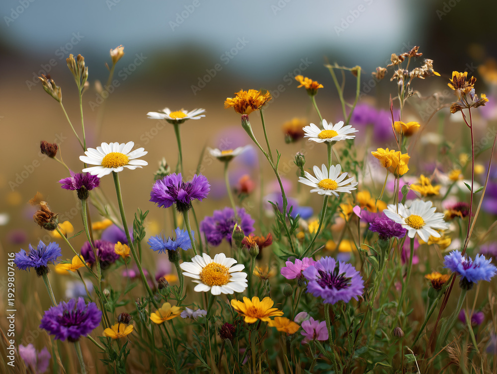 Fototapeta premium Wildflowers blooming in a meadow during summer day 