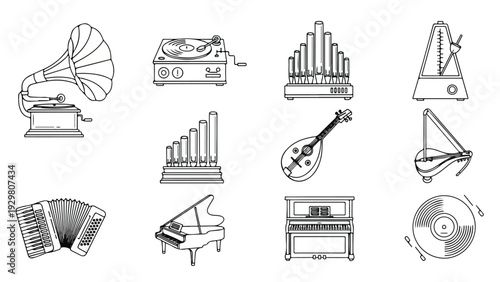 A set of various musical instruments and devices illustrated in black and white on a clean white background.