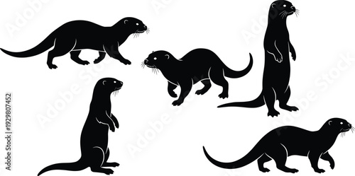 Vector set of black otter silhouettes, cute weasel animal collection in different poses isolated on white for nature river wildlife aquatic pet design