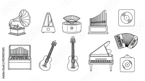 Line art illustration of various musical instruments and devices including a gramophone, piano, guitar, and record player on a white background.