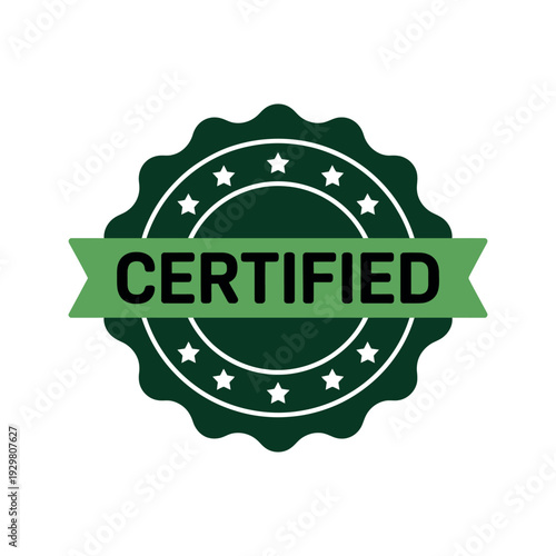 A green and white certified badge on a plain background