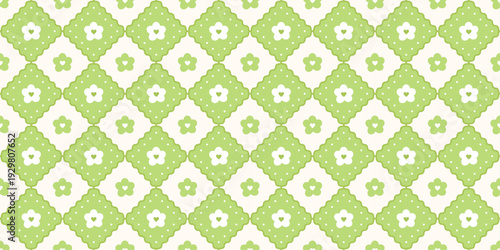 Spring preppy lace seamless pattern with daisy. Trendy floral background. Green tablecloth texture. Diagonal cross line. Cute print for fabric and textile. Vector illustration
