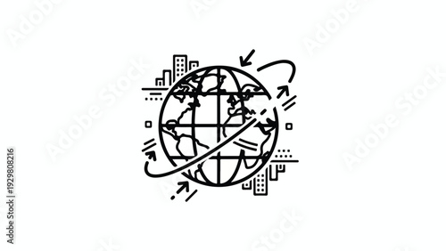 Black line drawing of a globe with various international symbols and icons surrounding it on a white background.