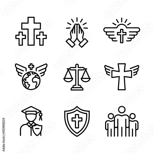 A collection of religious and spiritual icons on white