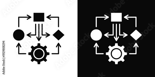 Process Flow Icon In Black And White Filled Style.