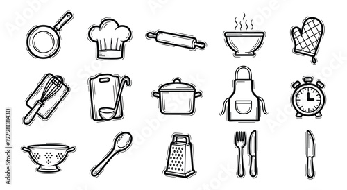 Hand Drawn Kitchen Cooking Tool Icon Set with Pan, Chef Hat, Rolling Pin, Pot, Apron, Grater, Spoon and Knife