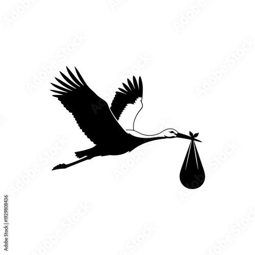 Silhouette of a stork carrying a baby in a bag, a symbol of birth.