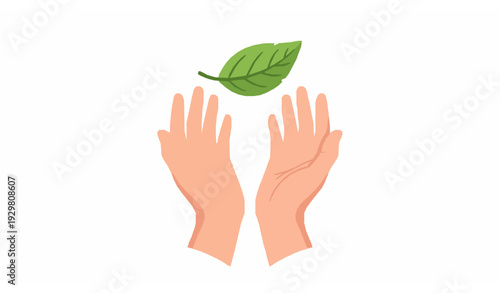 Hands offering green leaf flat vector eco care concept isolated on white