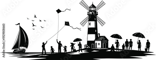 Black and white illustration of people flying kites by a windmill and a boat on the water