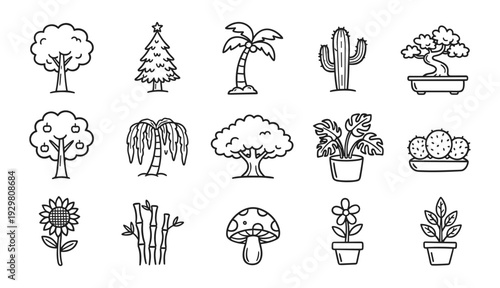 Hand Drawn Tree and Plant Outline Icon Set with Pine, Palm, Cactus, Bonsai, Willow, Sunflower and Mushroom