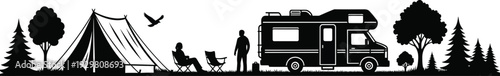 Camping scene with tent camper van and people in a serene natural environment with trees and a bird in flight