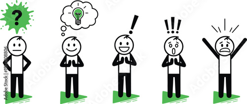 Stick figure people showing different emotions and reactions to ideas  happy  surprised  thinking