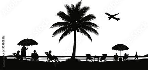 Silhouette of people relaxing on beach with palm tree and airplane flying overhead  tropical vacation scene