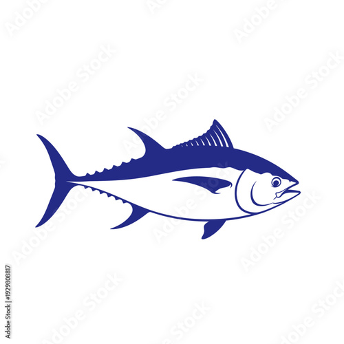 Stylized illustration of a tuna fish in a vibrant blue color against white background.