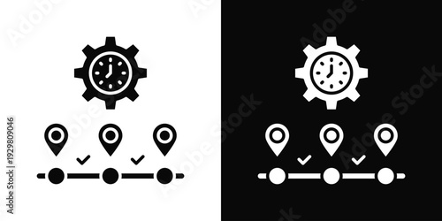 Process Timeline Icon In Black And White Filled Style.