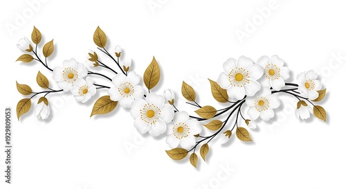 Beautiful floral arrangement with white flowers and golden leaves on branches