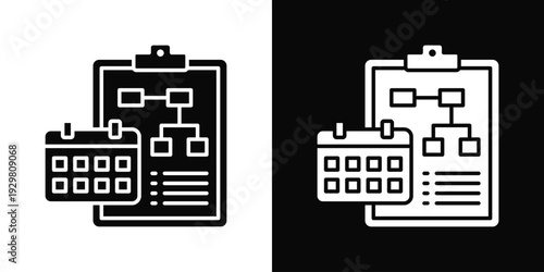 Workflow Planning Icon In Black And White Filled Style.
