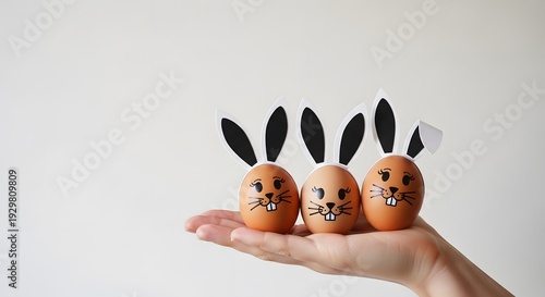 Plakat Easter eggs decorated as bunny faces in hand