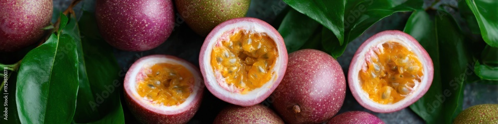 Fototapeta premium Fresh ripe passion fruits with green leaves displayed in close-up view