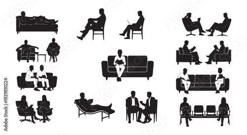 People Sitting Silhouette Set, Men and Women on Sofa Chair Couch Waiting Room Business Meeting