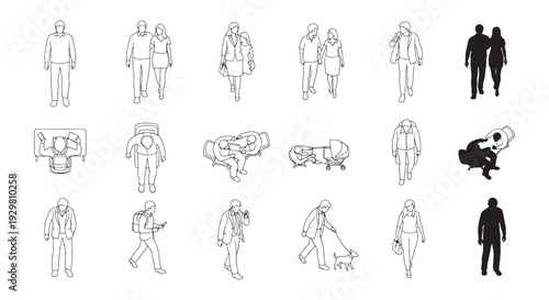 People Line Art Vector Set, Walking Standing Sitting Top View Business Couple Dog Stroller Outline Collection