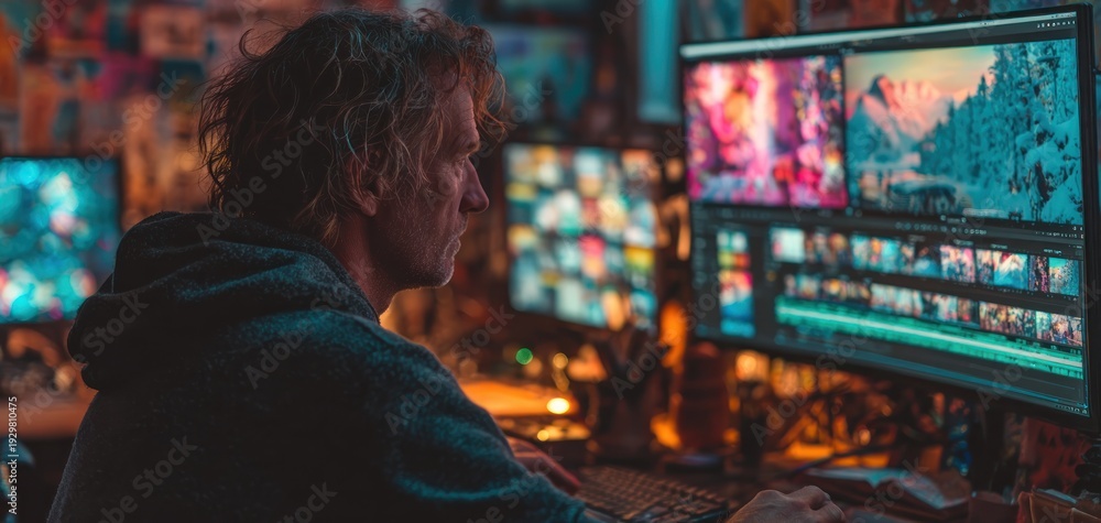 Fototapeta premium Creative professional editing footage on multiple computer monitors in a dimly lit room