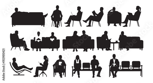  People Sitting Silhouettes Set on Sofa and Chairs, Waiting Room Meeting Interview Office Vector Isolated