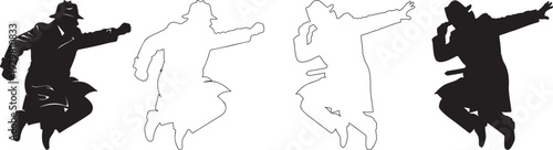 Detective silhouette set with agent in various action poses and investigation outlines