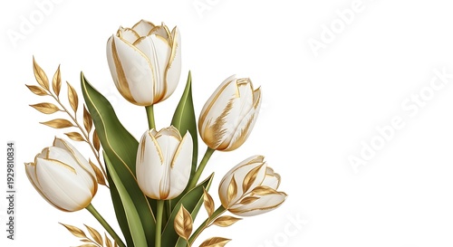Beautiful white tulips with gold trim on white background for elegant decoration