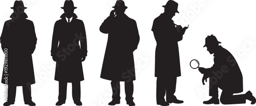 Professional detective silhouettes standing and kneeling with magnifying glass and notepad
