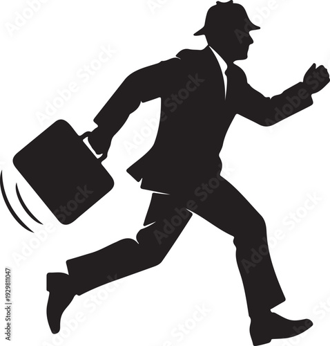 Running detective silhouette carrying briefcase in fast action investigation scene
