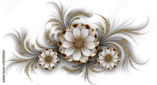 Elegant floral arrangement with white and gold feathers creating a sophisticated visual appeal