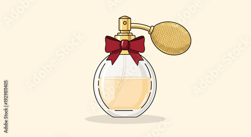 Elegant perfume bottle with red bow and golden atomizer, viewed from the front, showcasing luxury fragrance packaging.
