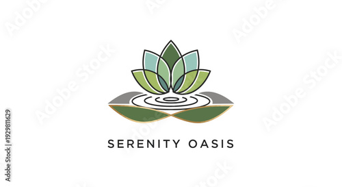 A serene oasis landscape illustration featuring a lotus flower, water, and leaves from a top viewpoint