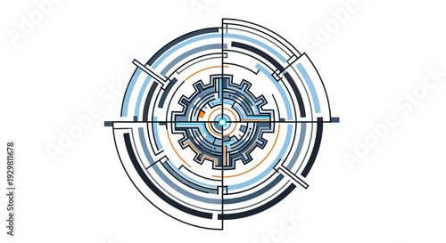 A central gear mechanism surrounded by concentric circles and intersecting lines viewed directly from the front