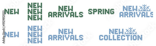 New Arrivals and New Collection signs set for fashion retail stores in sparkling crystal rhinestone style with emerald and sapphire gemstone colors