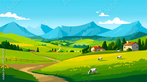 Vector landscape illustration of green hills with grazing sheep, farm houses and blue mountains in the background