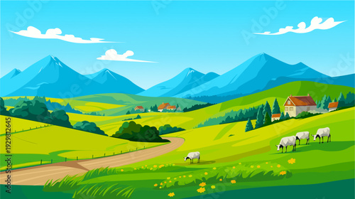Vector landscape illustration of green fields with grazing cows, rural farm houses and blue mountains background