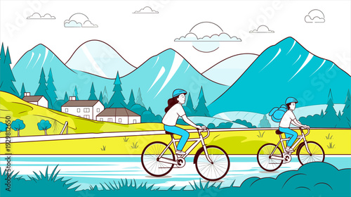 Vector line art illustration of people cycling on a path near a river with mountain landscape background