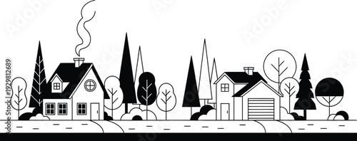 Black and white illustration of houses and trees along a road  serene neighborhood scene