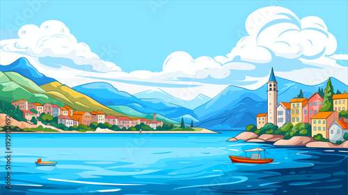Vector landscape illustration of a Mediterranean coastal town with colorful houses, mountains and a boat on the blue sea