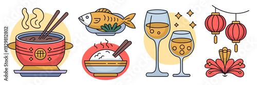 Festive dinner icon set with lanterns – Great for cultural event promotions.