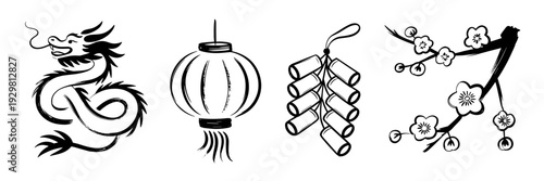 Artistic ink wash festival icons – Great for heritage projects, cultural documentaries, or elegant holiday stationery.