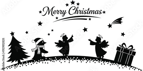 Christmas scene with penguin and angels on snowy hill with tree and gift